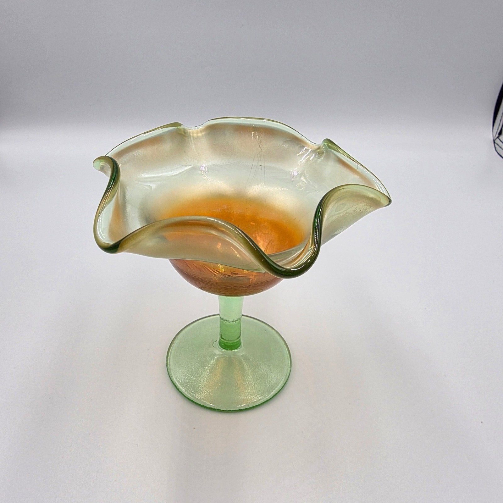 VNTG Carnival Glass Compote Ruffled Handkerchief Bowl Marigold Green Iridescent gallery