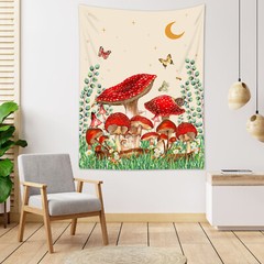 Green Leaf Beige Butterfly Red Mushroom Tapestry for Bedroom Living Room Dorm