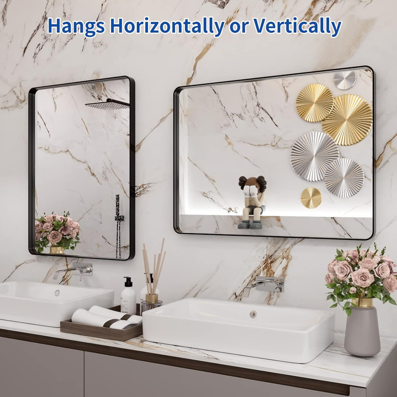 Matte Black Rectangular Bathroom Mirror 24x32 Inch, Anti-Rust, Rounded Corners gallery
