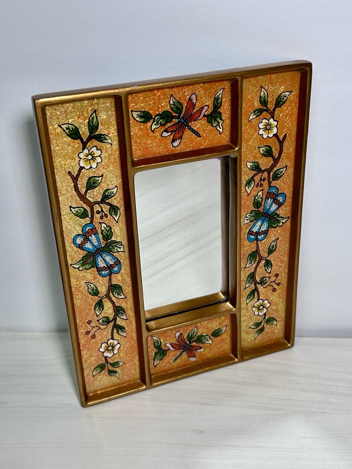 Hand Painted FLORAL DRAGONFLY Peruvian Wood Mirror Glass Reverse Painted Glass gallery