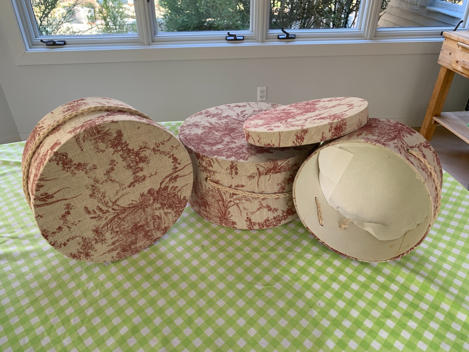 3 Toile Nesting Hat Storage Boxes. Red on Cream. 13 1/2", 11 3/4", 10 1/2"Diam. gallery
