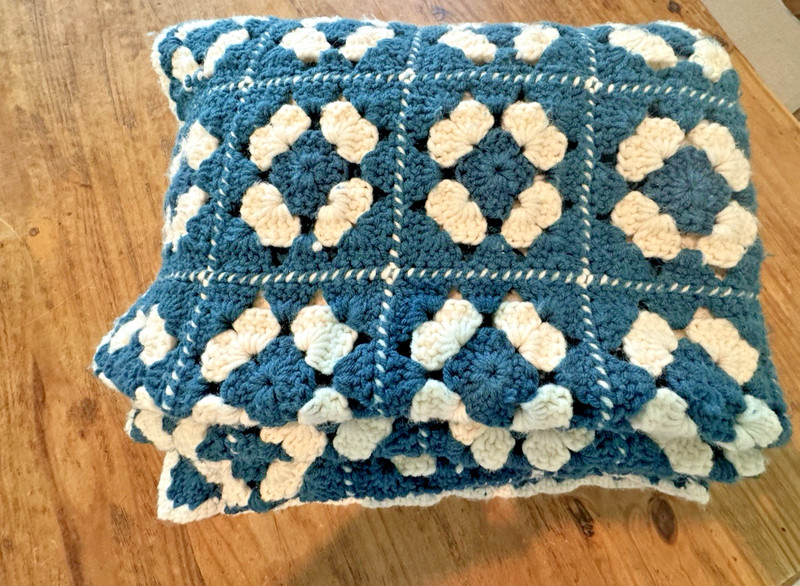 Handmade Crochet Granny Square Throw Blanket 50" x 60" Teal & Cream Vintage gallery