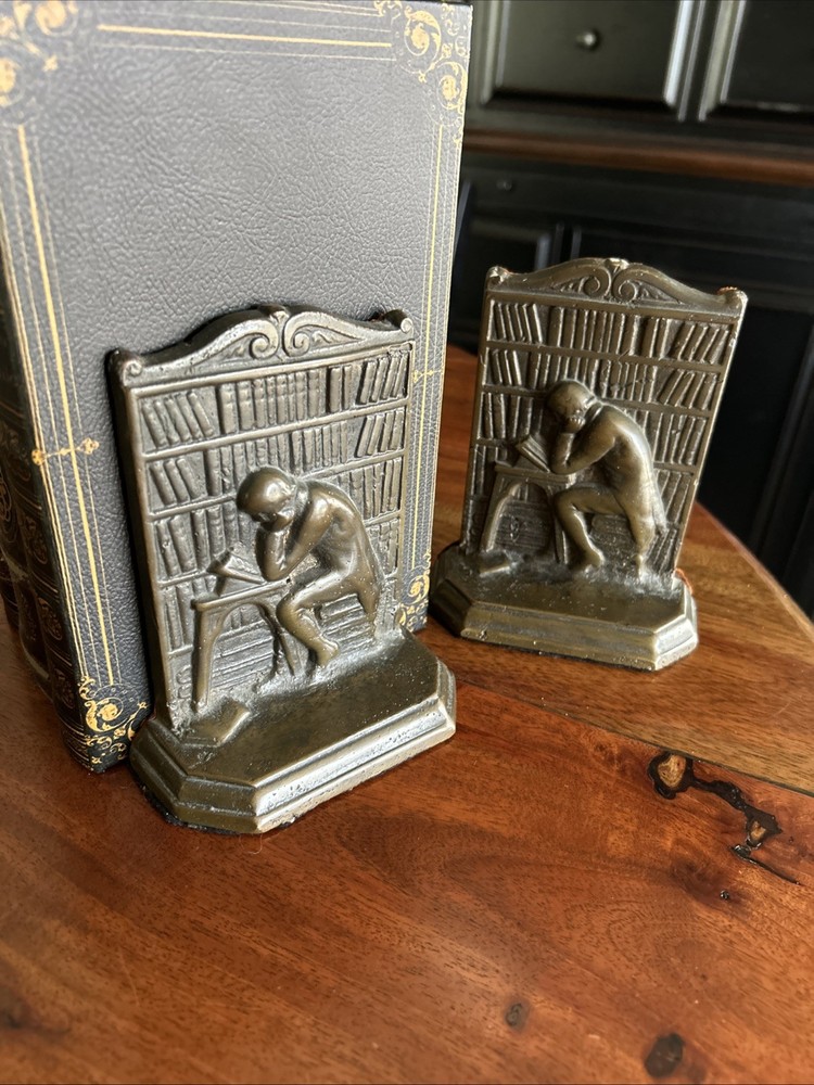 Antique Bookends Library Solid Bronze Man Reading Decor Bibliophile Reading