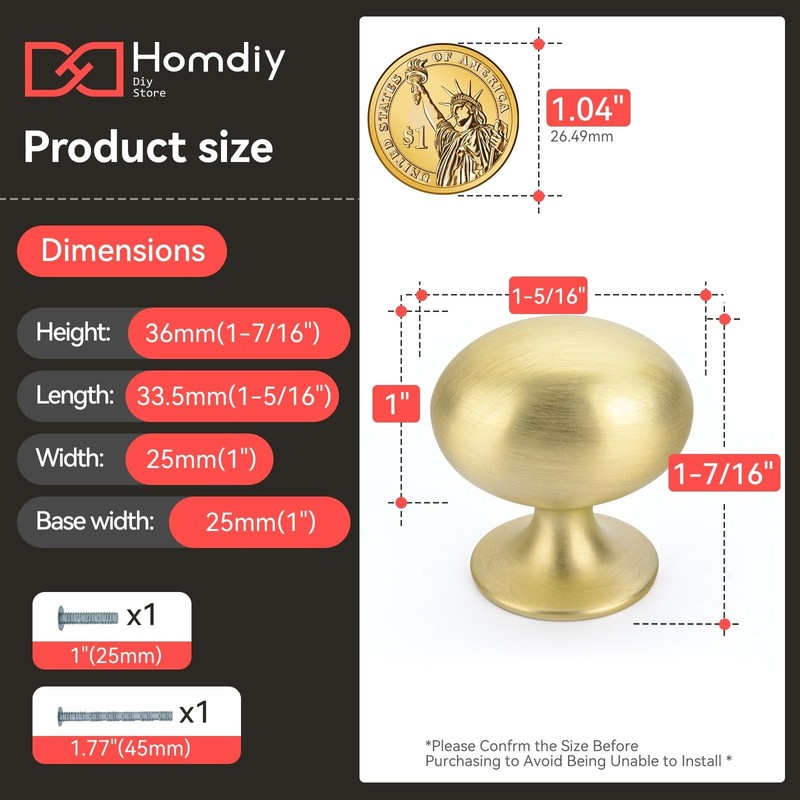 homdiy 20 Pack Solid Gold Cabinet Knobs 1-5/16 inch Oval Brushed Gold Drawer ... gallery