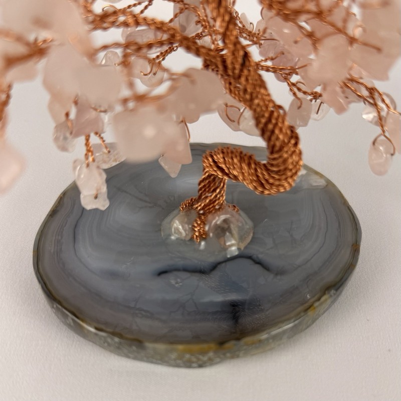 Handmade Rose Quartz Crystal Tree Copper Wire Bonsai on Agate Slice Base 5.5" gallery