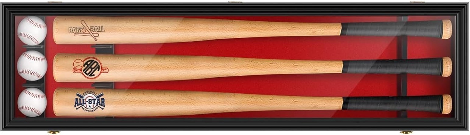 3 Baseball Bat Display Case Black & Red Wall Horizontal Wood Frame MLB Cabinet gallery