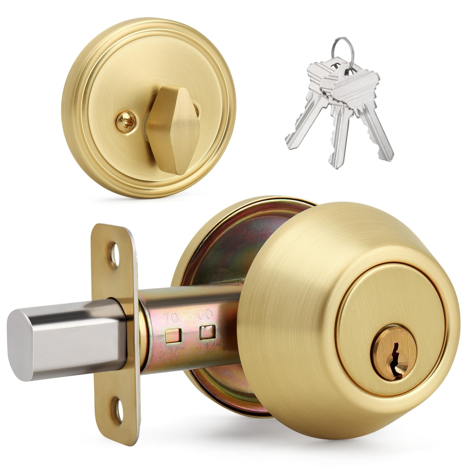 Brushed Gold Round Design Single Cylinder Deadbolt with Keys, Exterior Keyed ... gallery
