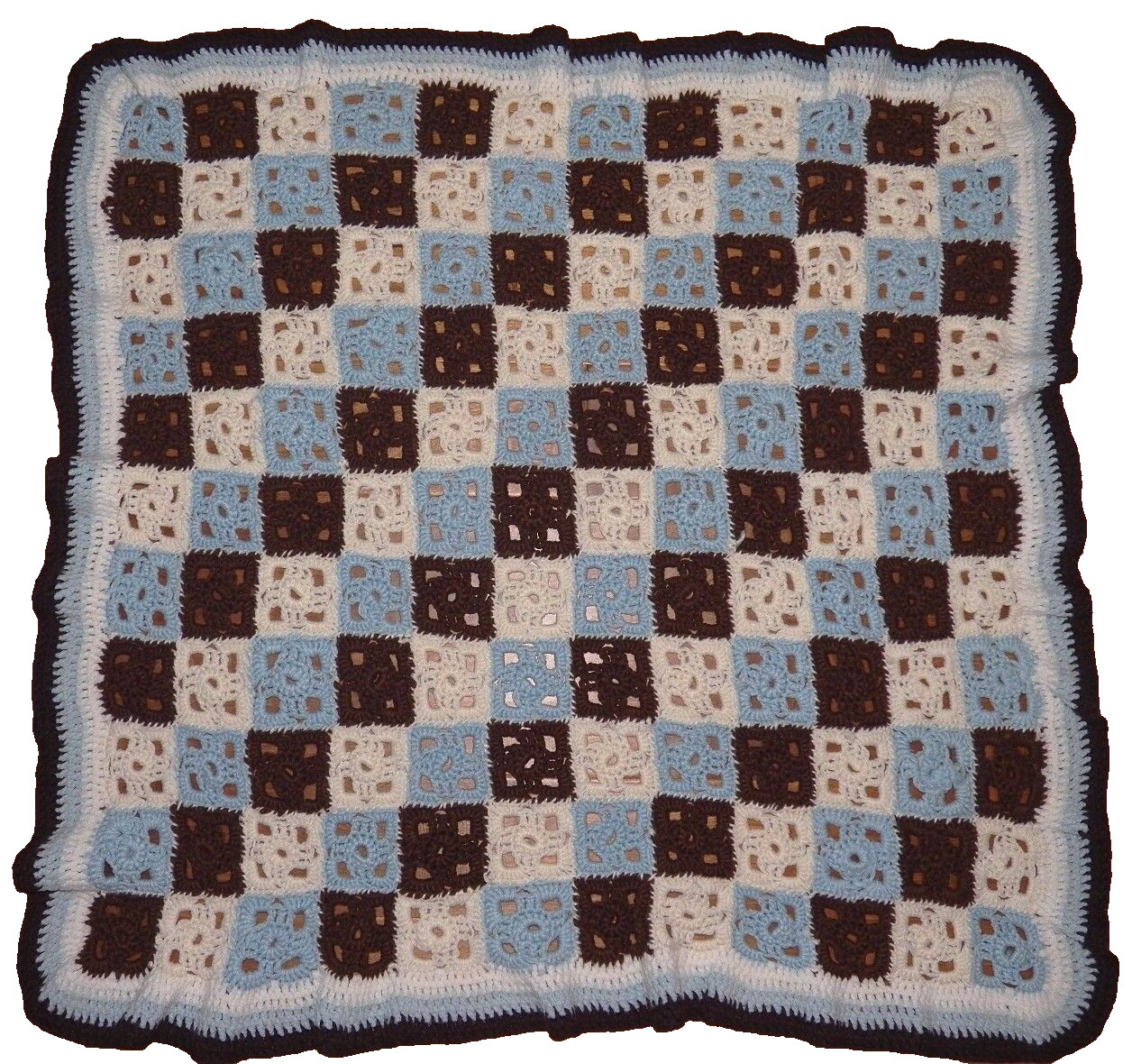 Crocheted Squares Afghan Lap Throw Blue White Brown Hand Made Vintage 43" x 44" gallery