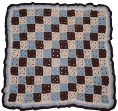 Crocheted Squares Afghan Lap Throw Blue White Brown Hand Made Vintage 43″ x 44″