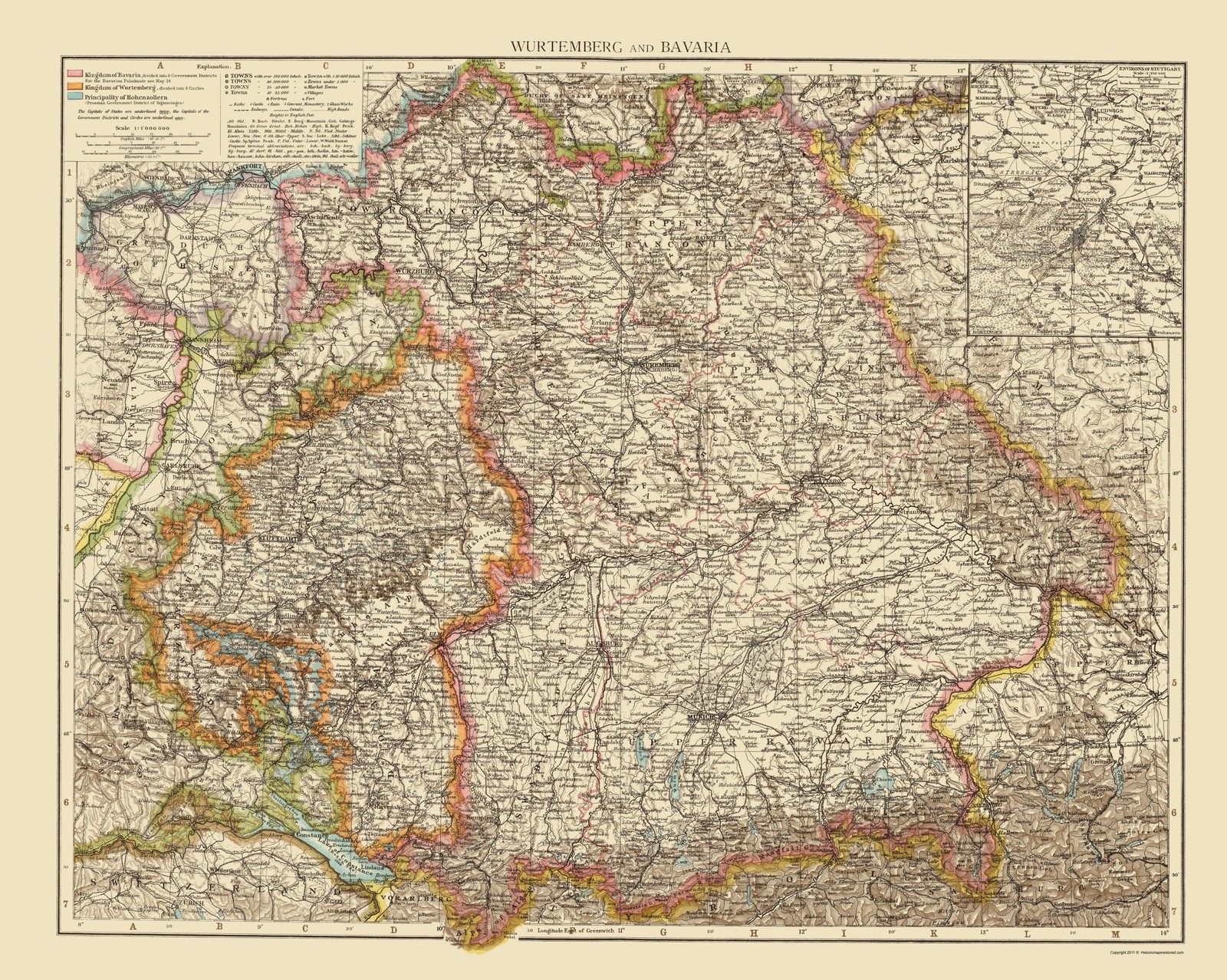 Historic Map - Wurtemberg Bavaria Germany - Andree 1895 - Vintage Wall Art gallery