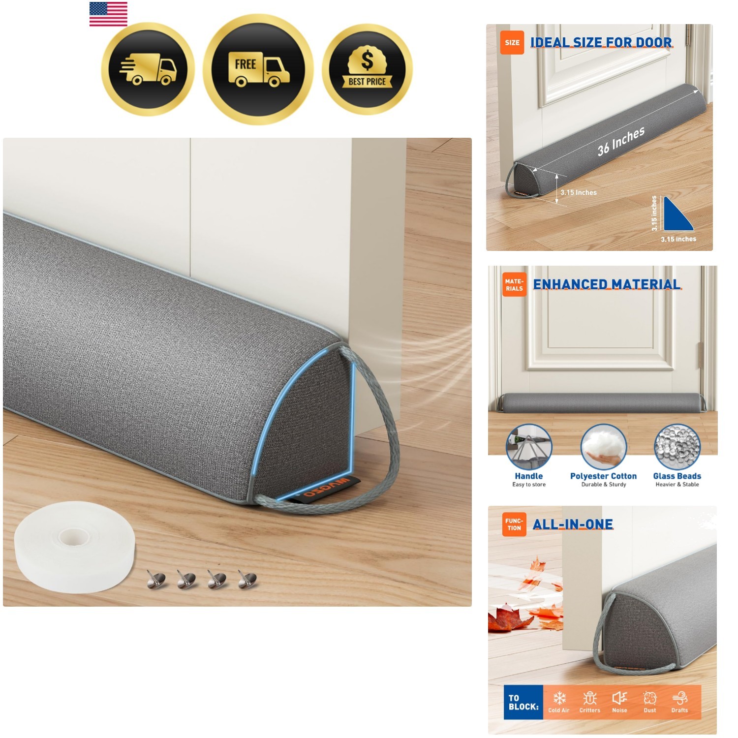 Door Draft Stopper 36 Inches, Weighted Triangular Door Snake for Winter Noise... gallery