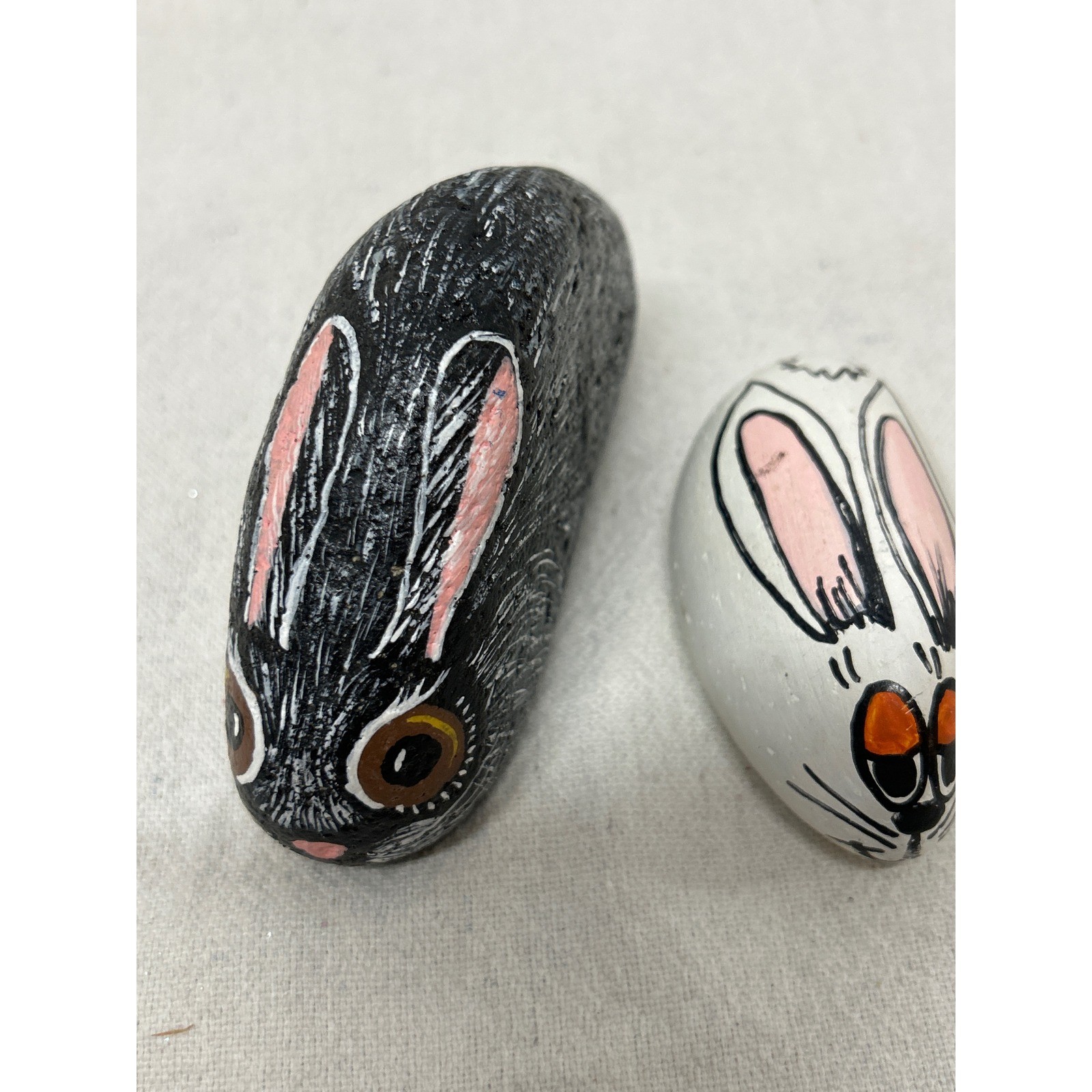 Vintage Hand Painted Rabbit Rocks Set of 2 Black and White Bunny Folk Art Decor gallery