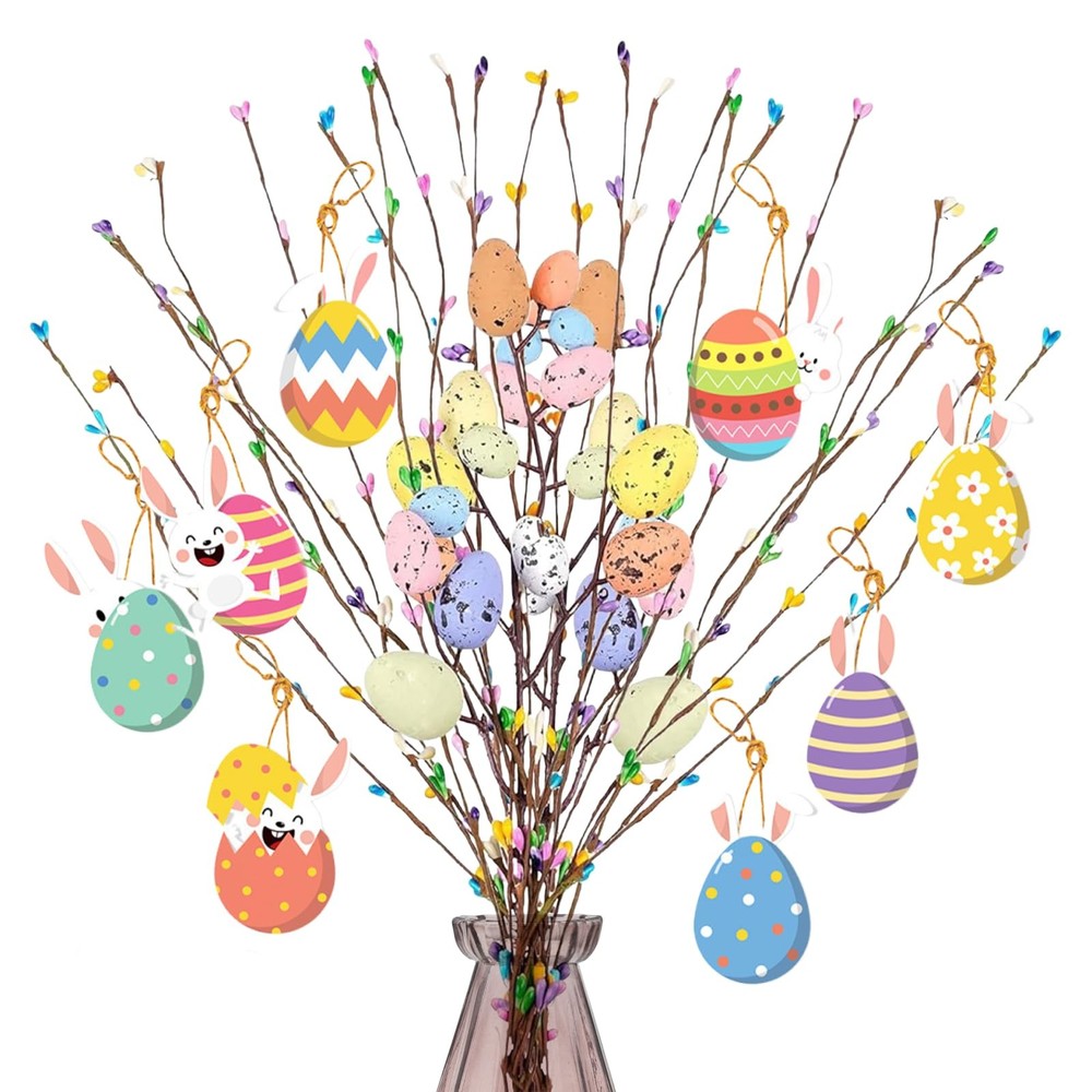 Artificial Easter Spray Vine with Pastel Easter Eggs Berries and 8pcs Rabbit ...