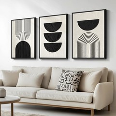 Large Framed Neutral Black and Beige Wall Art, 3 Piece Modern Canvas Prints P…