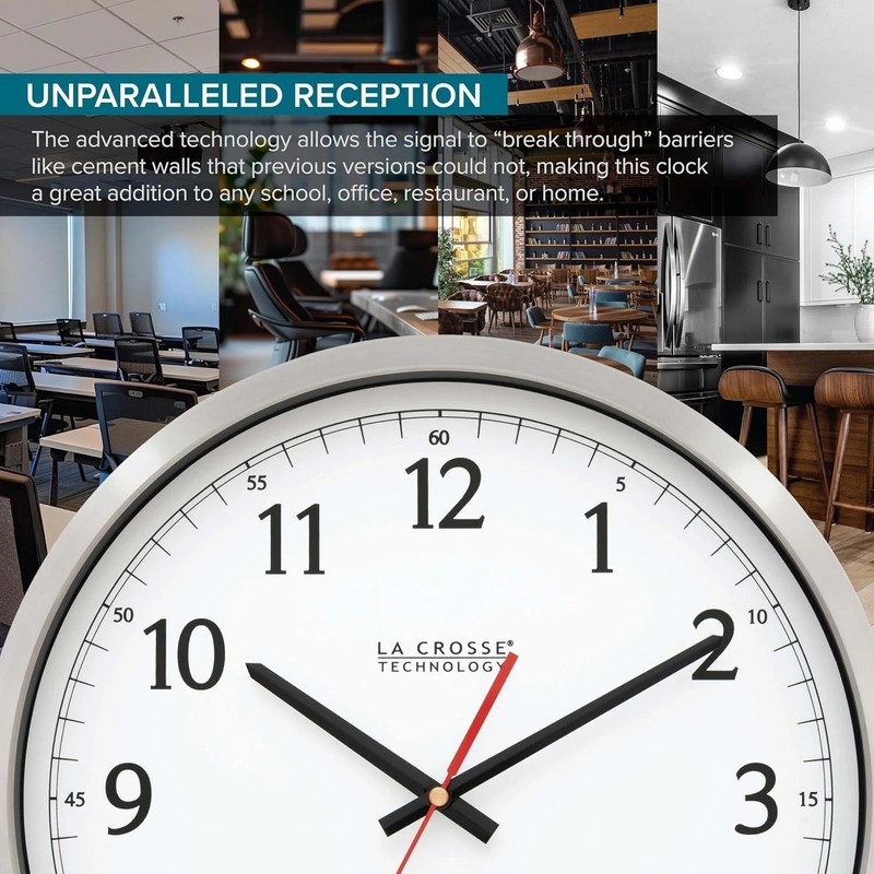Modern 14" Stainless Steel Atomic Clock - Dual Antenna, Eco-Mode, 5- Battery gallery