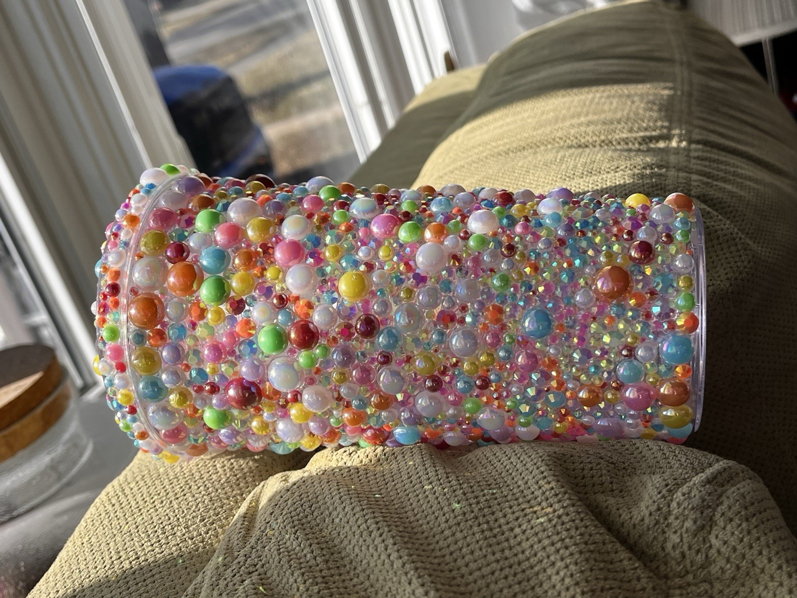 Handmade Multicolor hand beaded pearls and rhinestones drink tumbler gallery