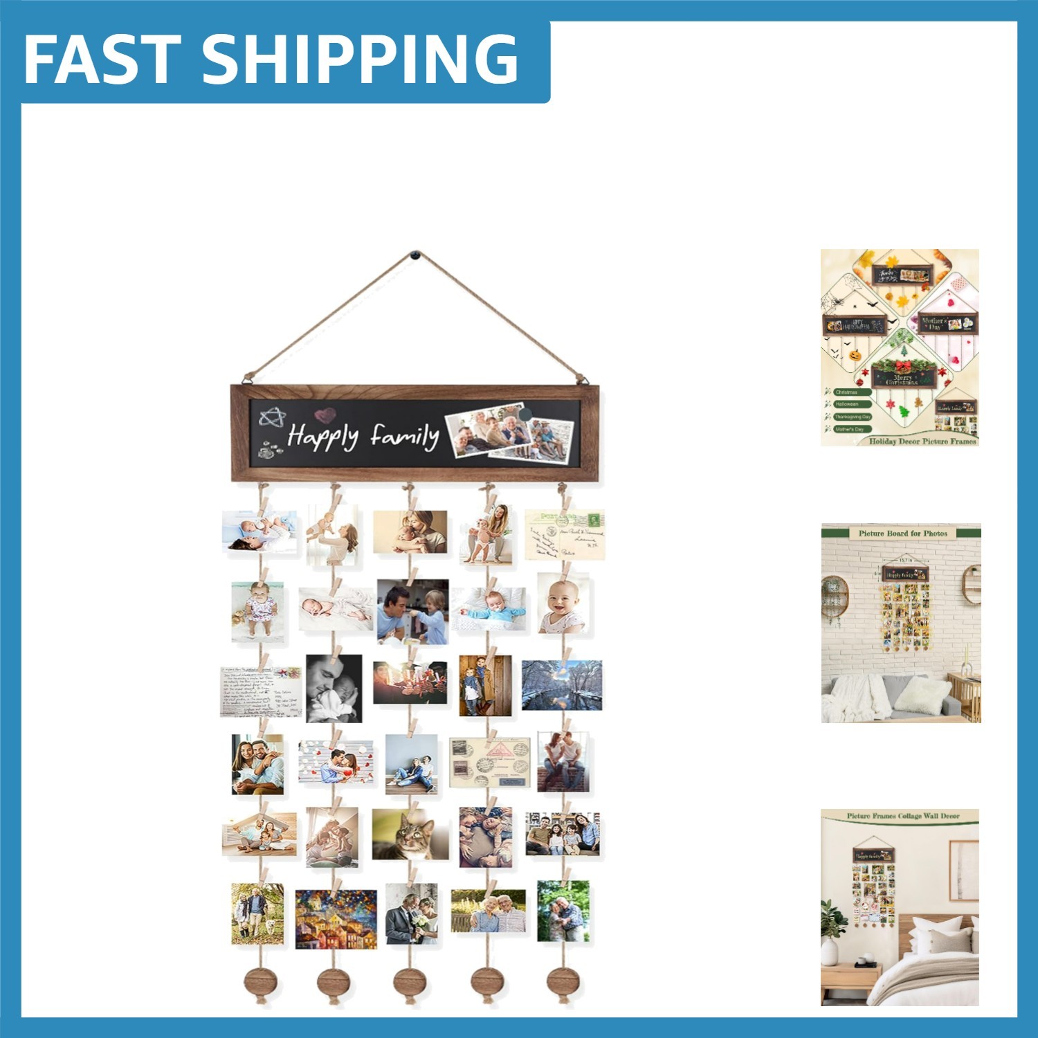 Carbonized Black Collage Photo Display - Wall Decor with 30 Clips & Blackboard gallery