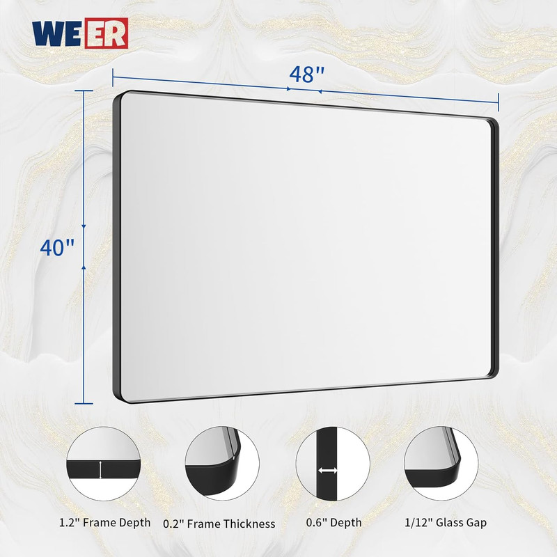 Matte Black Rectangular Wall Mirror 48x40 Inch with Rounded Corners, Anti-Rust gallery