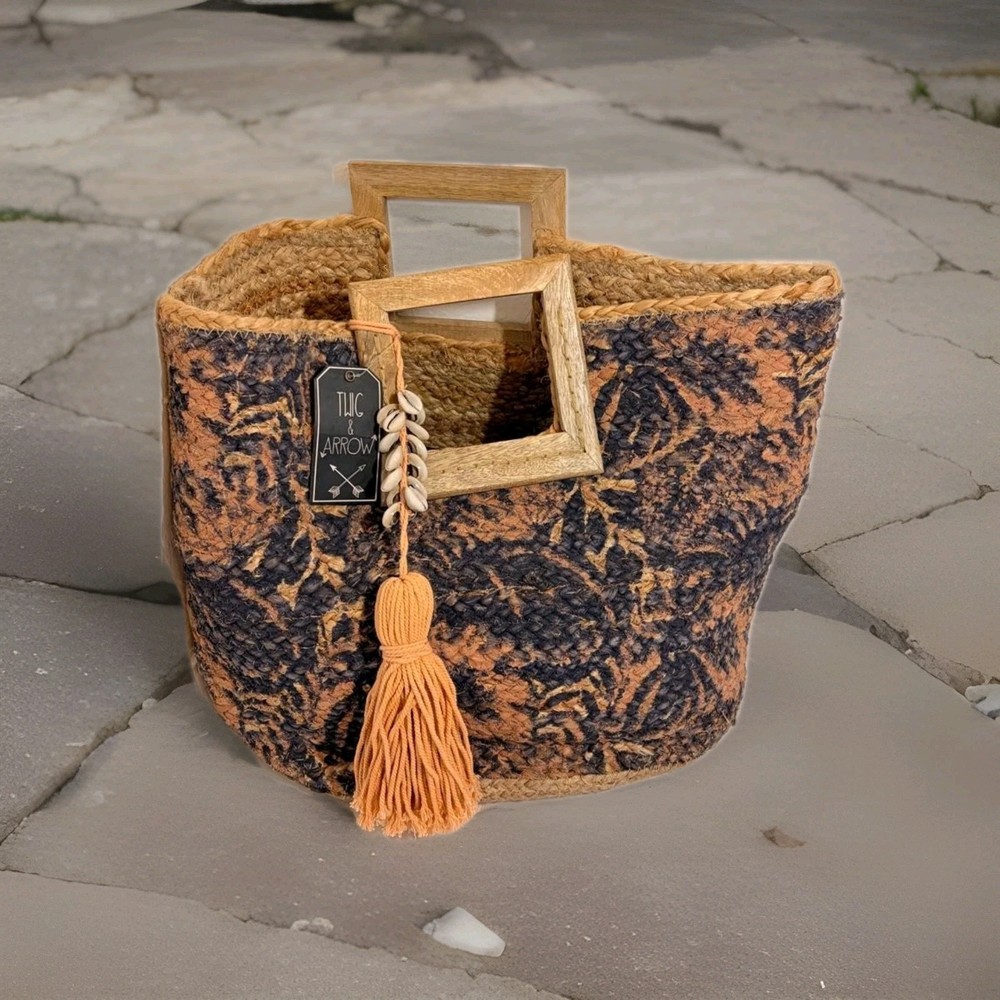 Tuc & Arrow Rectangular Woven Straw Basket with Handles, Brown Black