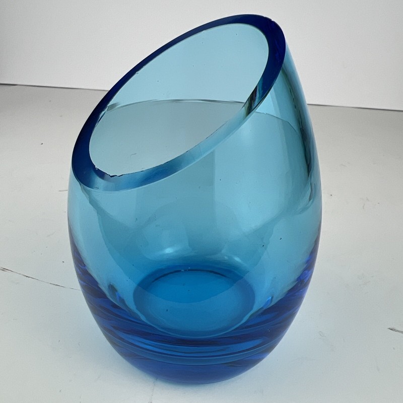 Blenko Viking Mid Century Modern Offset Orb Art Optic Blue Glass Bud Vase MCM gallery