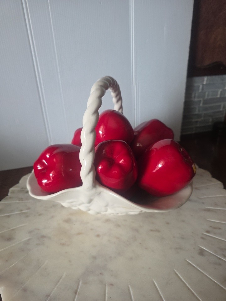 Ceramic Candy Red Apples (7) In White Basket Fruit Embossed Weave Handle gallery