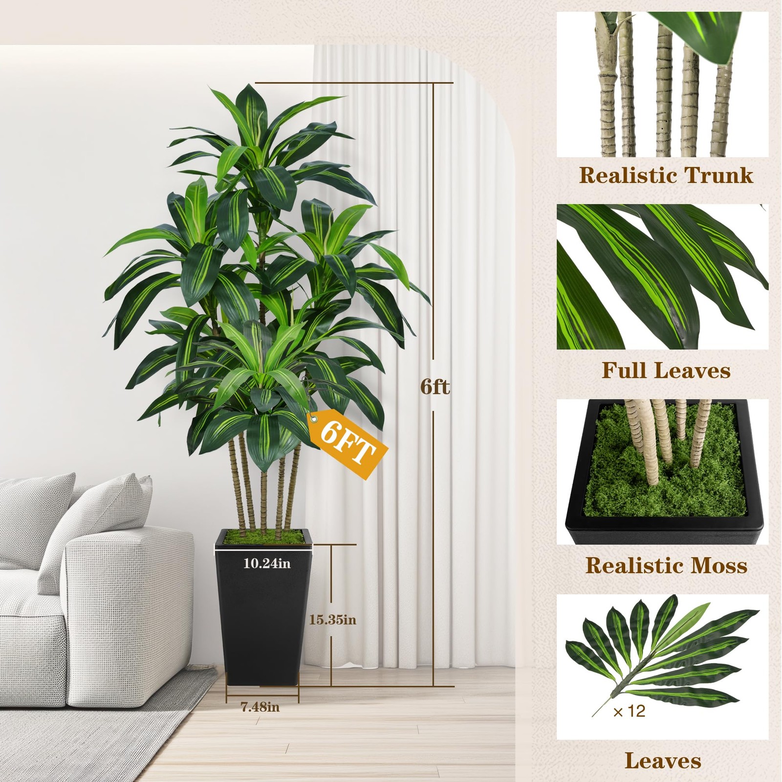 6FT Artificial Dracaena Tree, Fake Tree Indoor with Black Tall Planter,Tall A... gallery