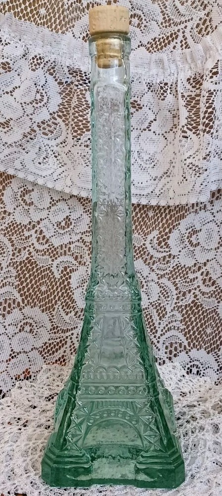 LIGHT GREEN EIFFEL TOWER DECORATIVE GLASS BOTTLE W/CORK HEAVY 3 lb 3 oz 14.25"