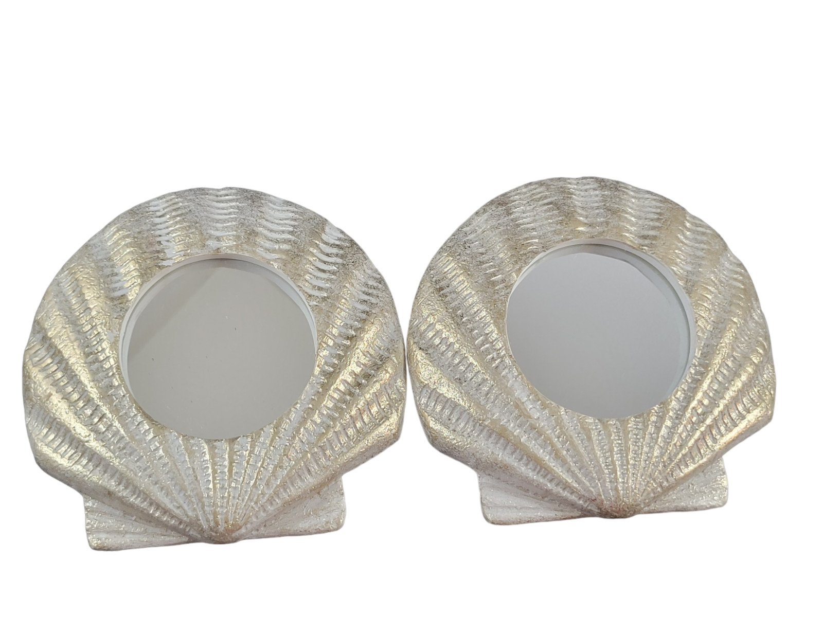 2 Clam Shell Accent Mirrors White Textured Ceramic Brushed Gold Glitter 8" gallery