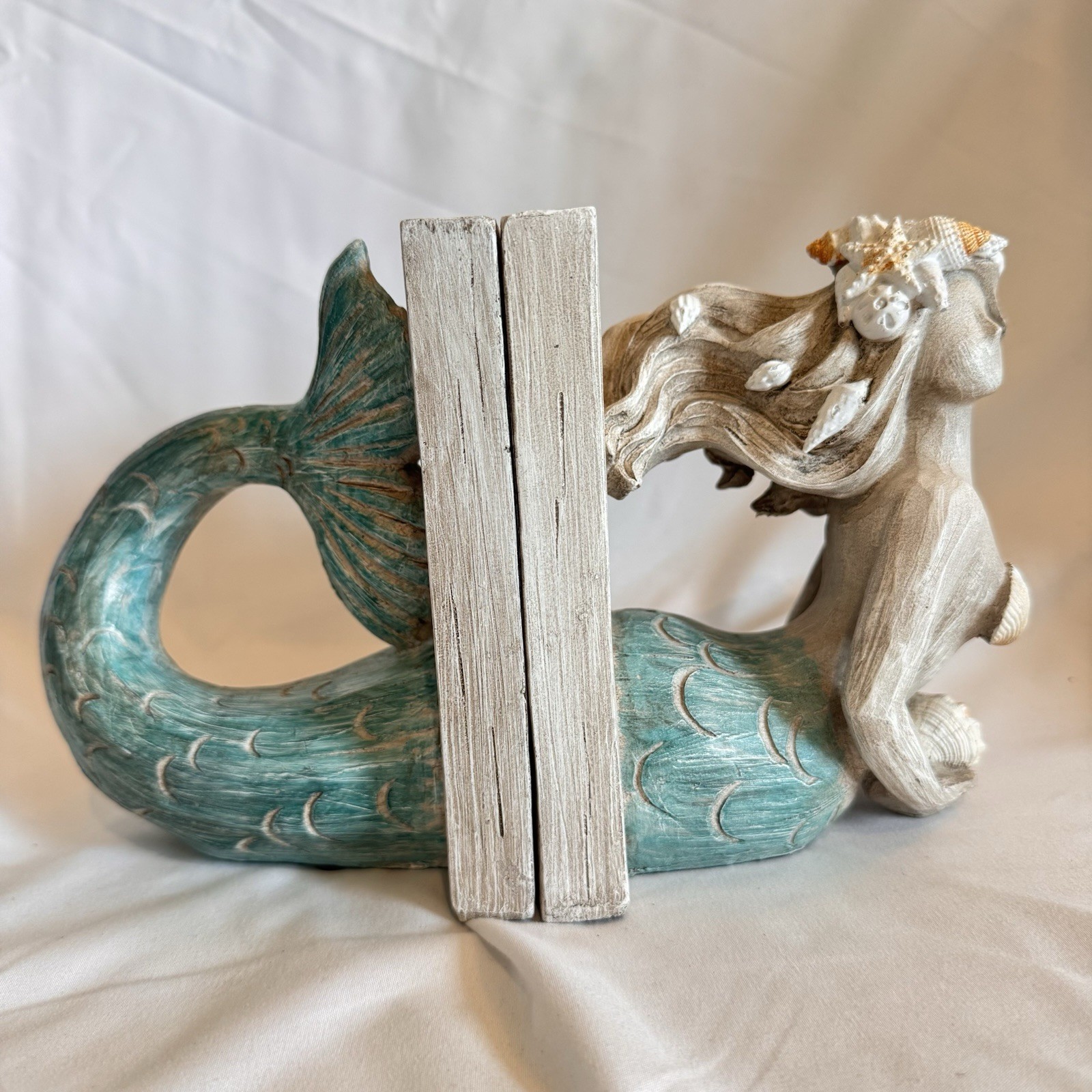 Mermaid Bookends Ivory Torso w/Seashells & Teal Tail Distressed Wood Look Resin gallery