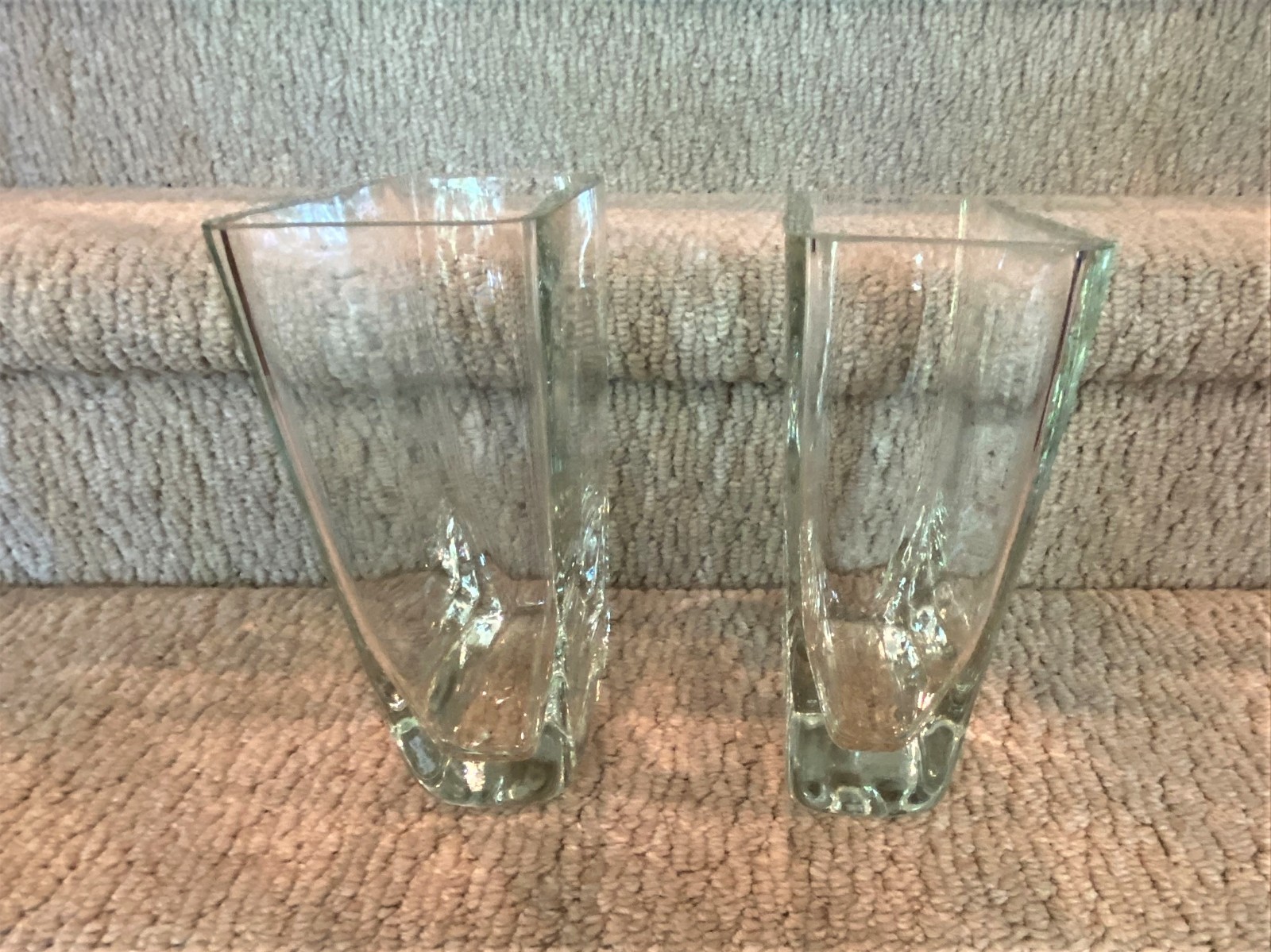 Pair Heavy Clear Glass Rectangular Vases, 3" x 6" top, 8" high, NWOT, Pristine gallery