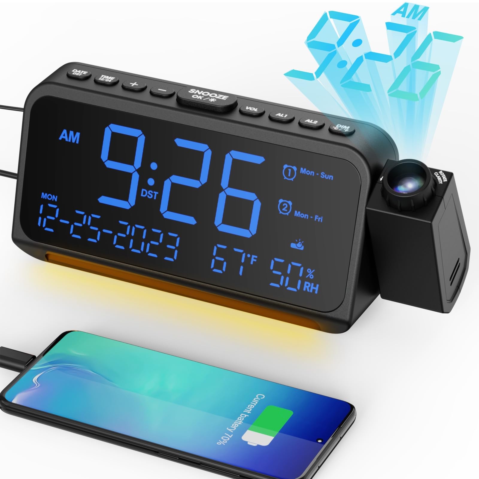 Projection Alarm Clock for Bedroom Ceiling, Digital Clock Projector with Week... gallery