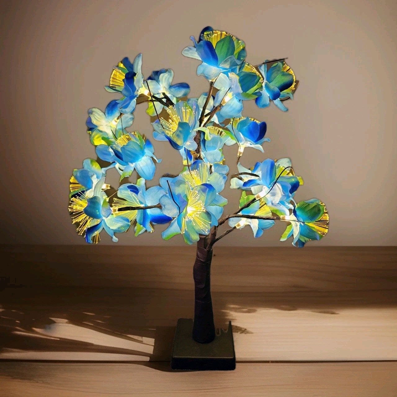 LED Tabletop Bonsai Tree Light Features Artificial Blue Blossoms Battery Operate gallery