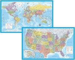 2 Pack – Laminated World Map & US Map Poster Set – Wall Chart Map of the World