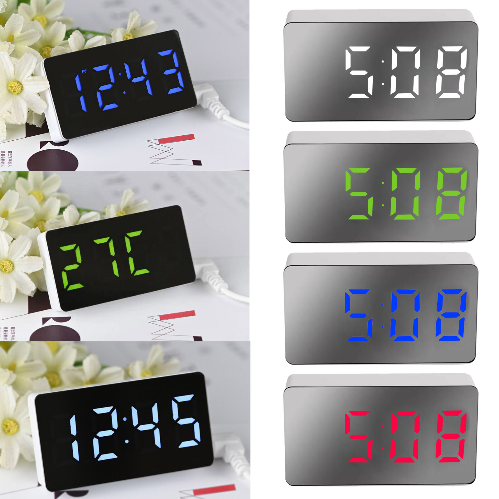 Mini Digital LED Alarm Clock Large Mirror Display USB Snooze Temperature Mode US gallery