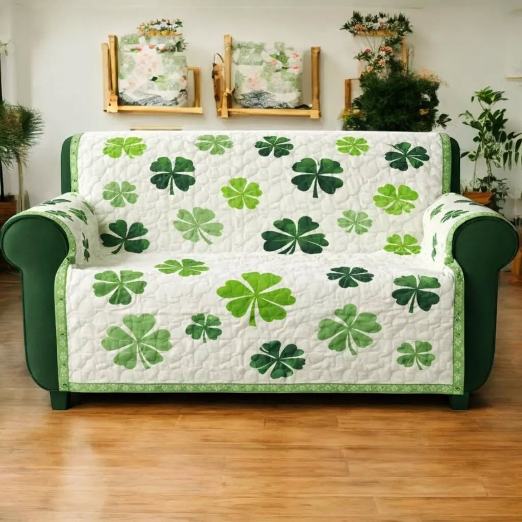 Green Shamrock Quilted Sofa Cover, Irish Clover Couch Protector, Lucky Decor gallery