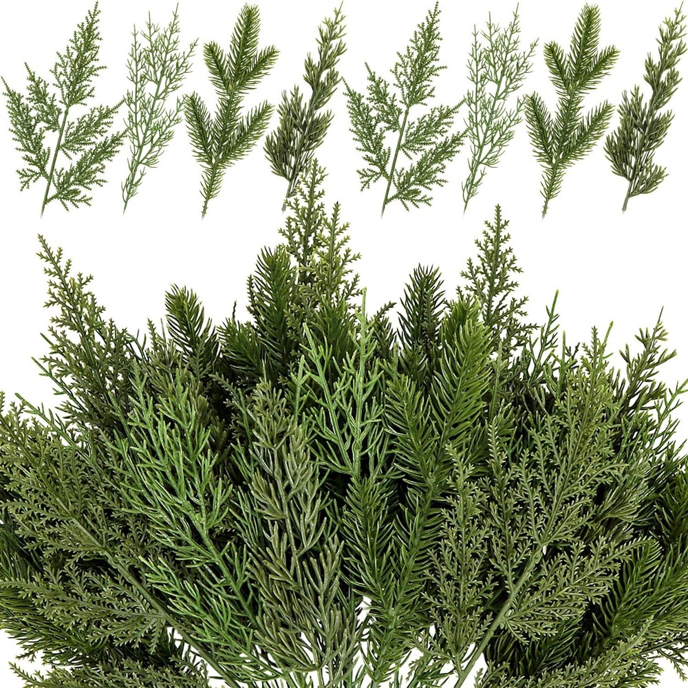 40 Pcs Artificial Pine Branches Assorted Faux Pine Stems Cedar Leaves Needle