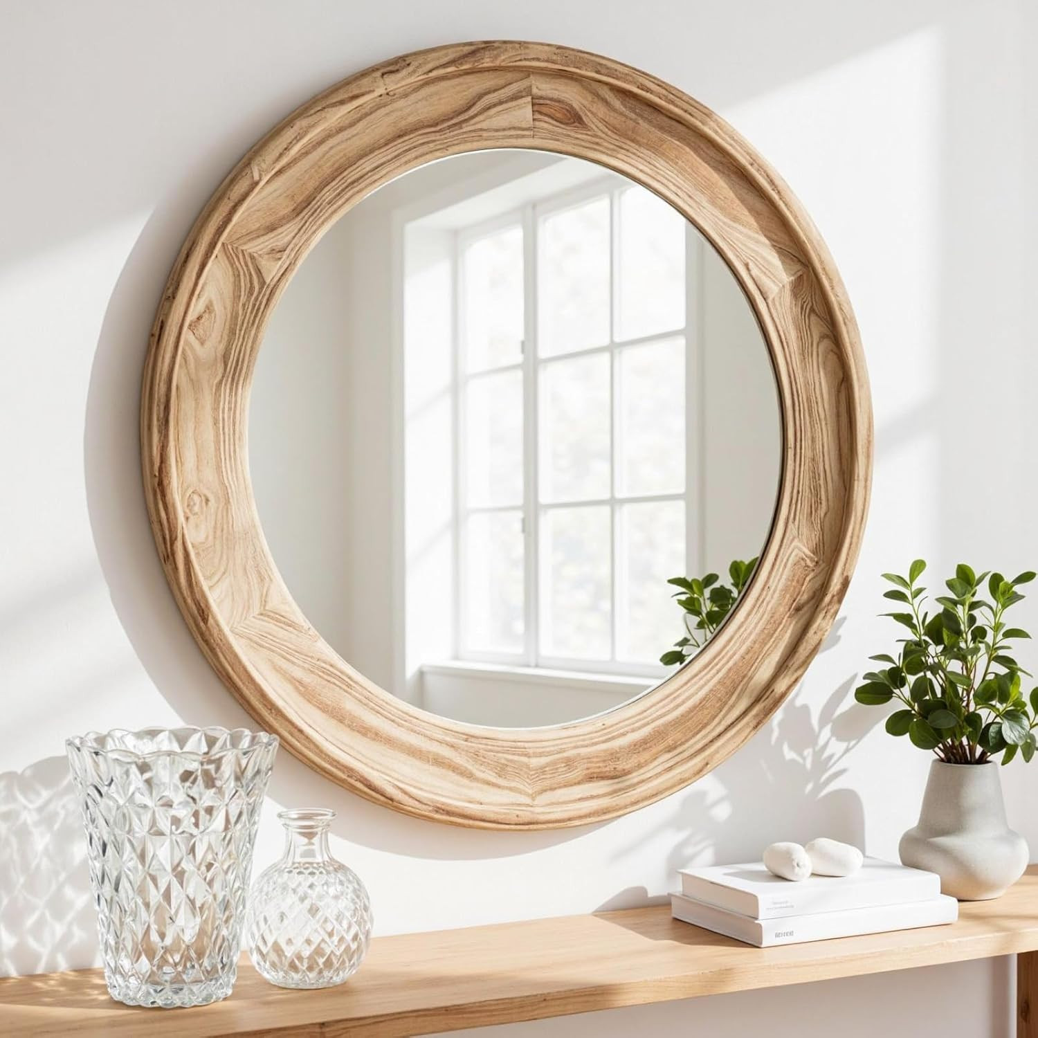24" Rustic Round Wood Mirror for Farmhouse Bathroom, Living Room, Hallway gallery