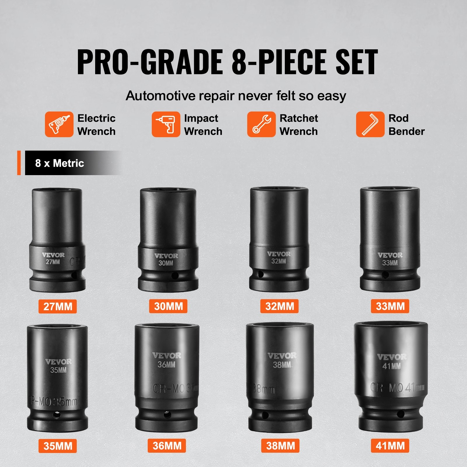 1" Drive Impact Socket Set, 8 Piece Deep Socket Set Metric 27-41mm, 6 Point Cr-M gallery