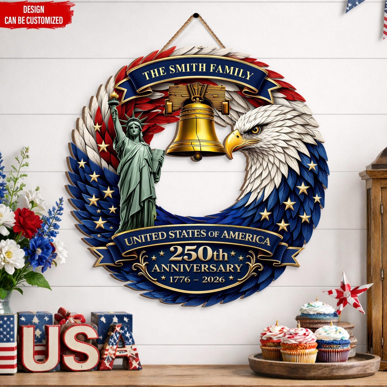 Personalized 3D Effect Eagle Wreath Sign – USA 250th Anniversary Patriotic Decor gallery