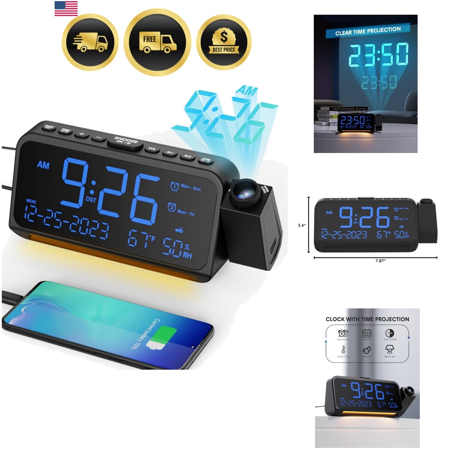 Projection Alarm Clock for Bedroom Ceiling, Digital Clock Projector with Week... gallery