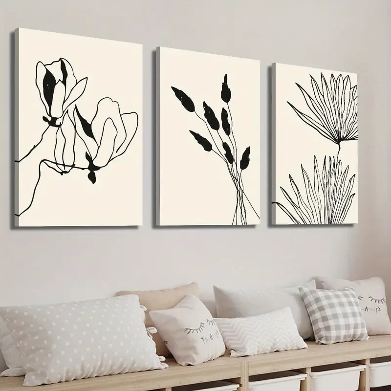 3pcs Abstract Beige and Black Botanical Floral Wall Art Canvas Unframed/Framed gallery