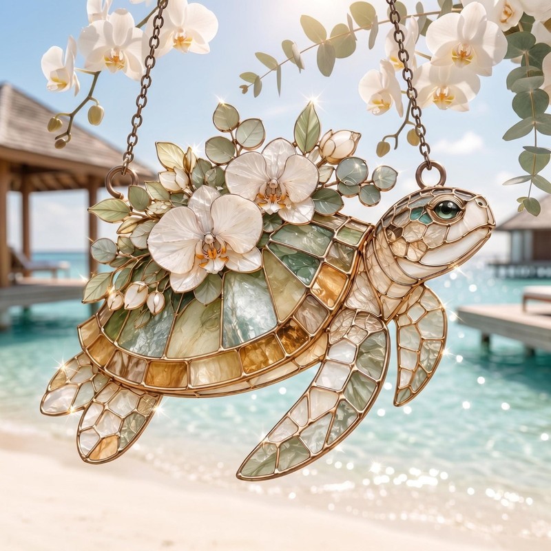 Custom Shape Acrylic Sea Turtle Suncatcher, Hawaiian Plumeria Flower Window Hang gallery