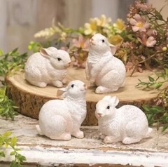 New Farmhouse Spring Easter SET 4 WHITE BUNNY FIGURINE Rabbit Figures 3″