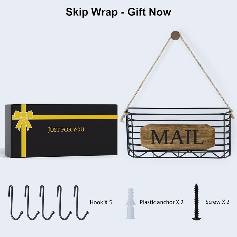 Stylish Carbonized Black Mail Holder with Hooks - Perfect for Entryways gallery
