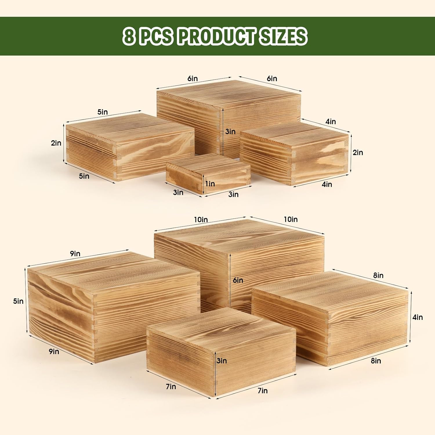 8-Pack Pine Wood Buffet Risers, Multi-Size Nesting Cube Food Display Stands for gallery