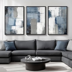 Large Framed Blue and Grey Abstract Wall Art for Living Room, 3 Piece Modern Can