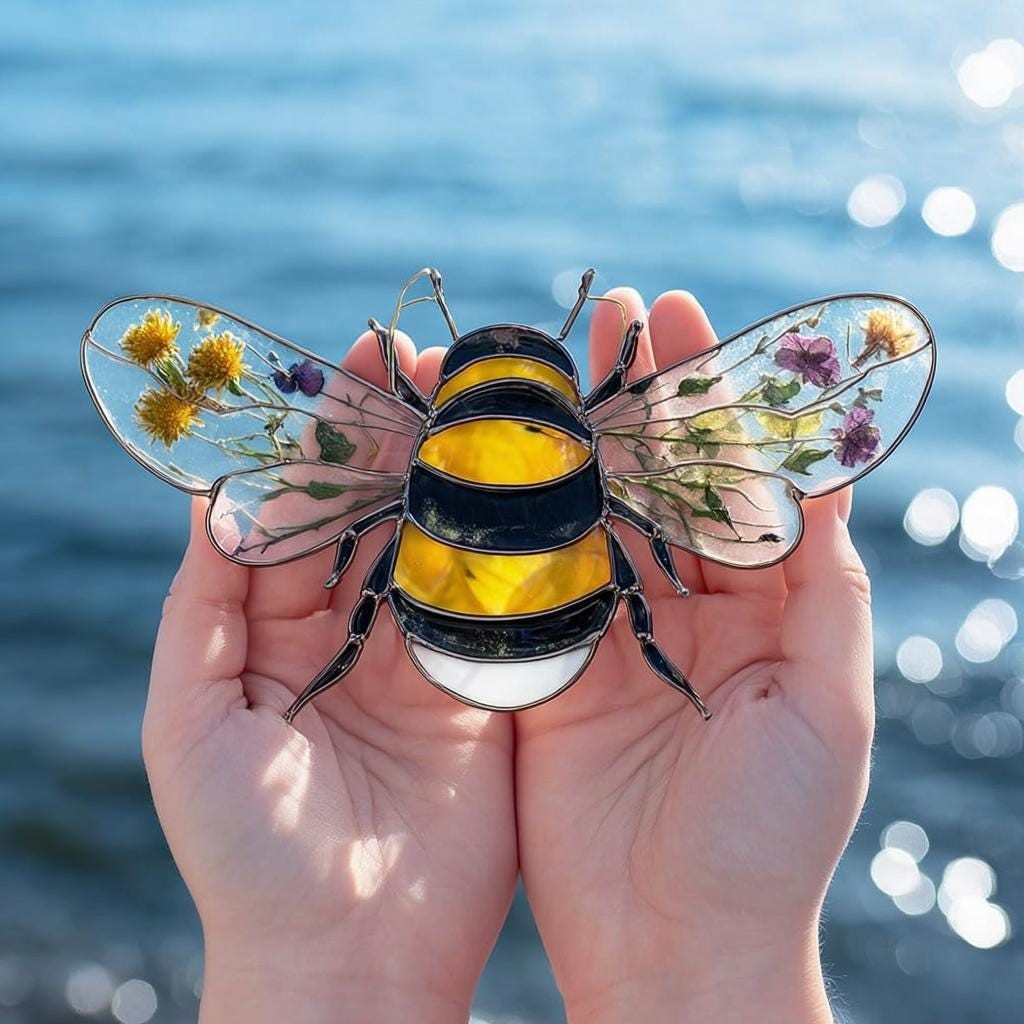 Acrylic Bumble Bee Suncatcher: Nature-Inspired Window Decor with Dried Flowers gallery