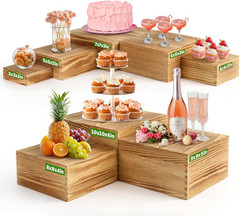 8-Pack Pine Wood Buffet Risers, Multi-Size Nesting Cube Food Display Stands for