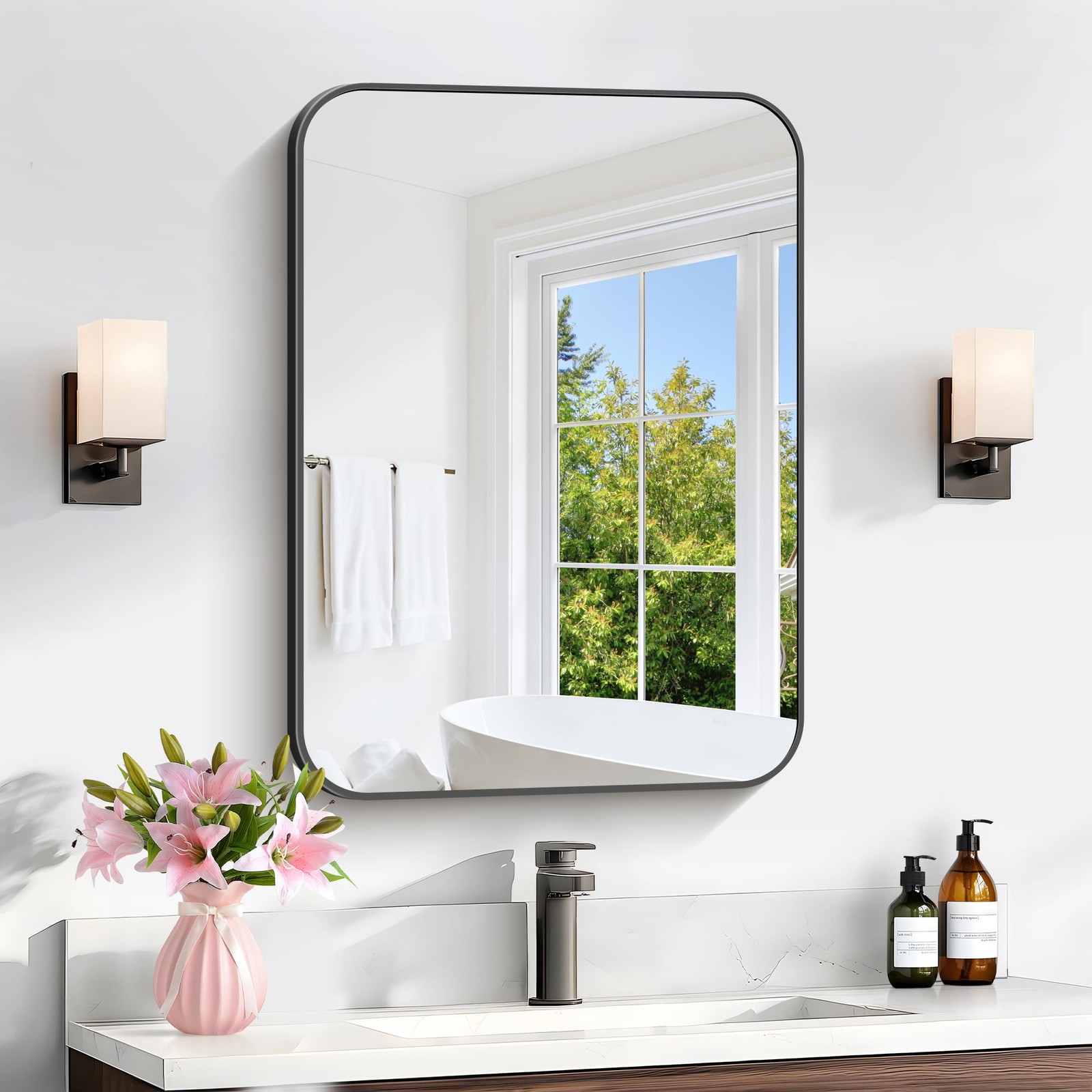 Black Rectangle Mirror 18x24 Inch Rounded Corner Metal Vanity Wall Mounted gallery