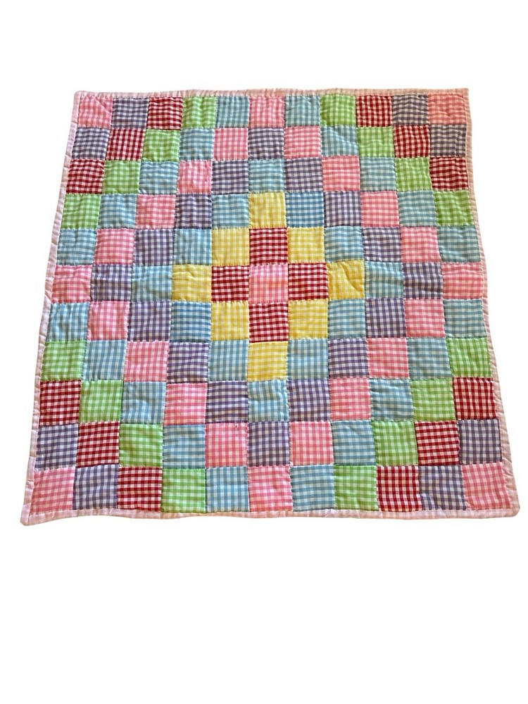 Patchwork Plaid Gingham Throw Blanket Multicolor Pastels 35” x 37” Handmade